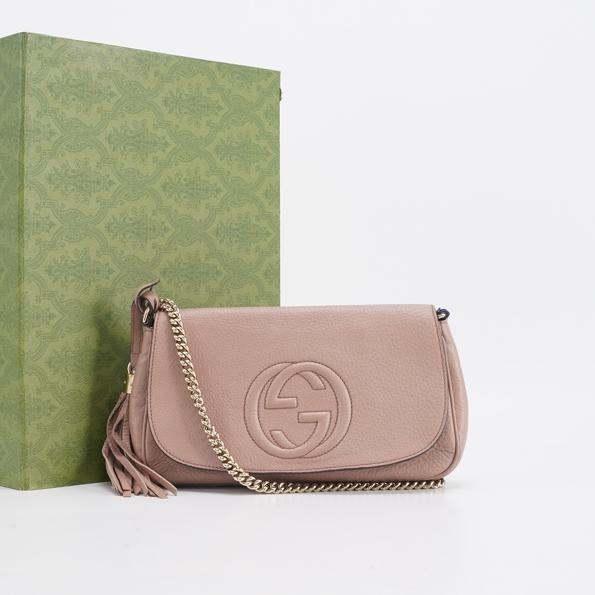 99新 GUCCI/古驰 【妍妍】soho 粉色 荔枝纹牛皮 中号 马鞍包/98新
