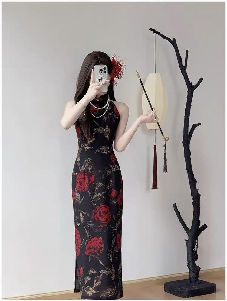 【一路生花-挂脖款】新中式中国风气质显瘦夏季修身黑色印花挂脖裙