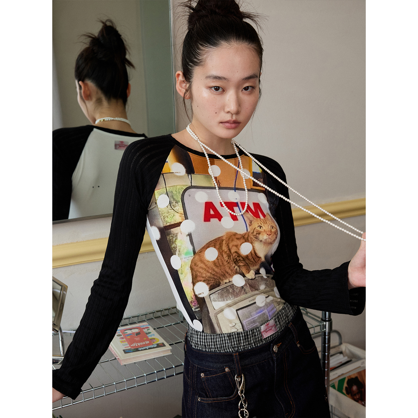 【25秋新VOL.2】1JINN STUDIO 猫咪印花插肩袖撞色针织长袖T恤