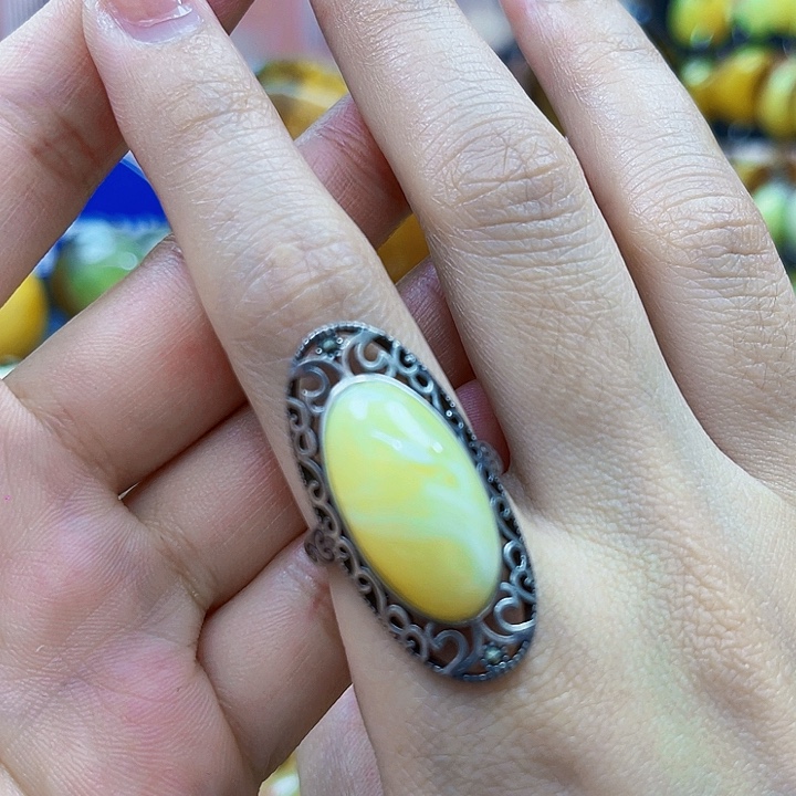 琥珀银S925镶嵌颈饰戒指