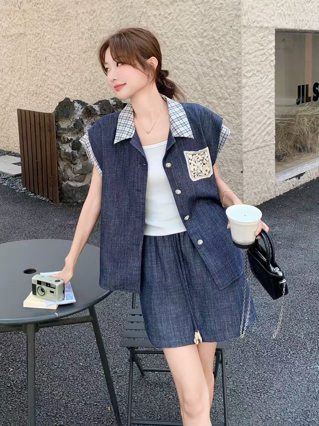 巨好看牛仔拼接衬衫➕短裙套装
