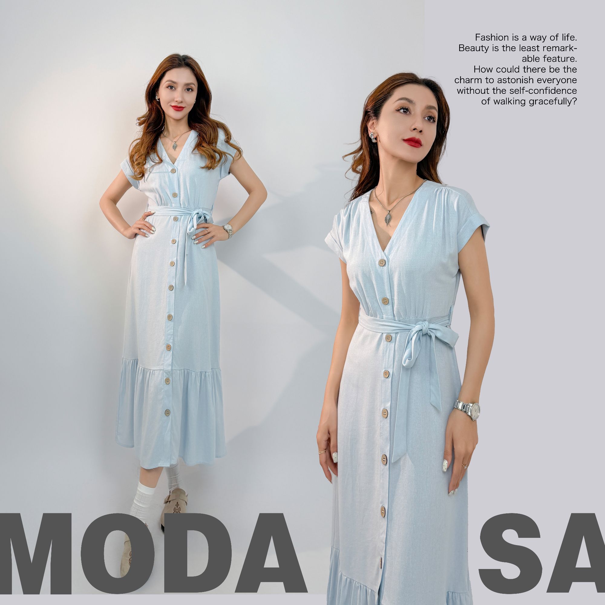 MODANISA设计师蓝色连衣裙夏季潮牌女装中长款（mdn-191）