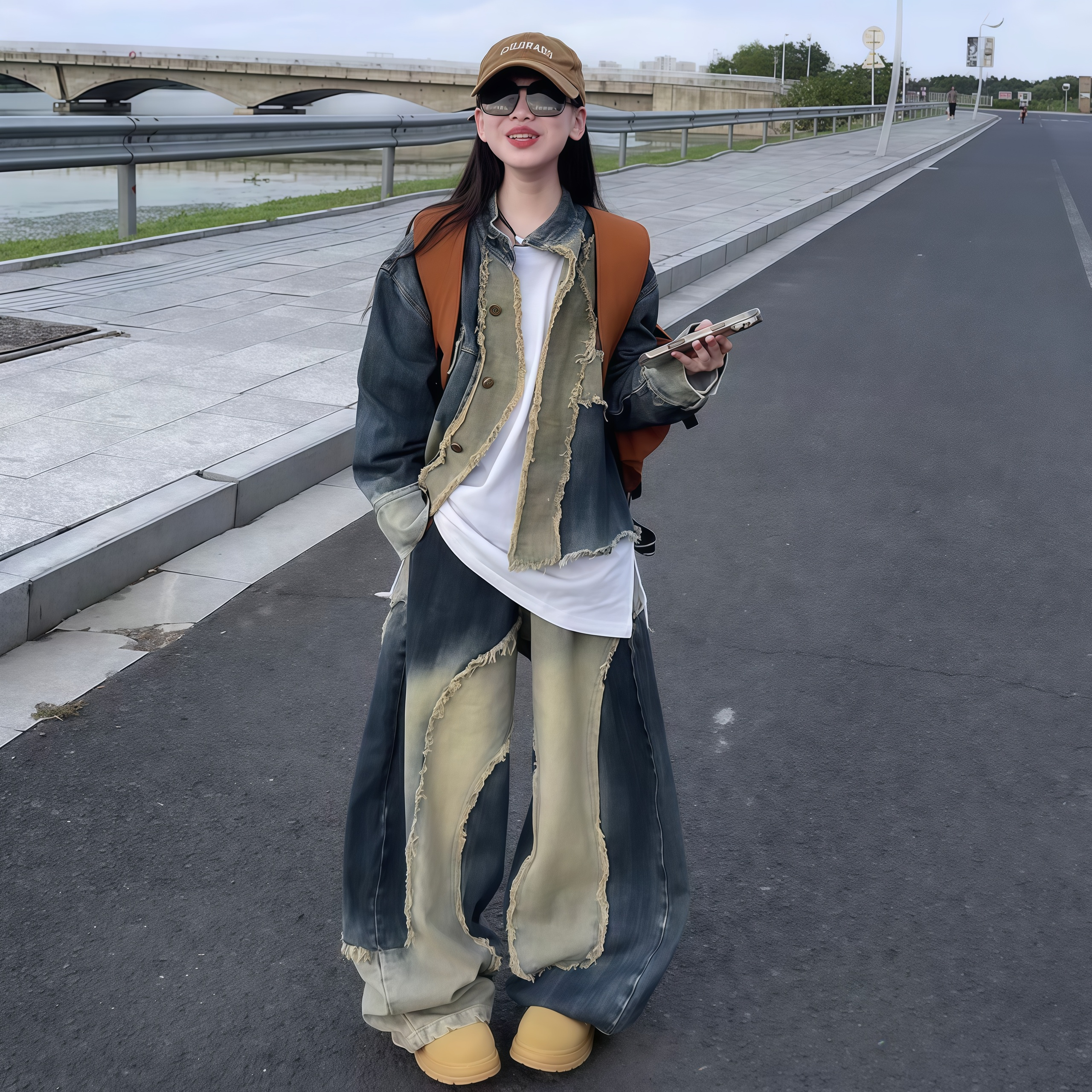 女童重工拼接牛仔套装春秋季2025新款儿童韩版夹克外套弯刀阔腿裤