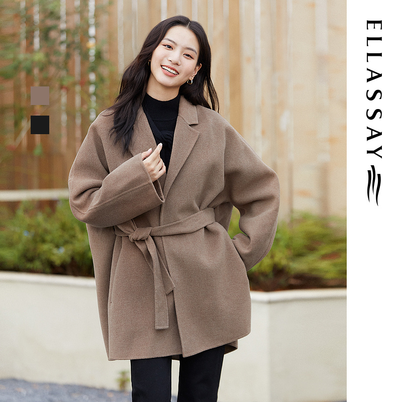 歌力思秋冬绵羊毛双面呢美拉德复古韩版小个子大衣EWB343D01500