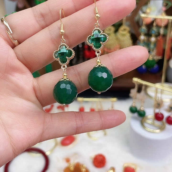 玛瑙/玉髓耳钉合金绿玛瑙刻面