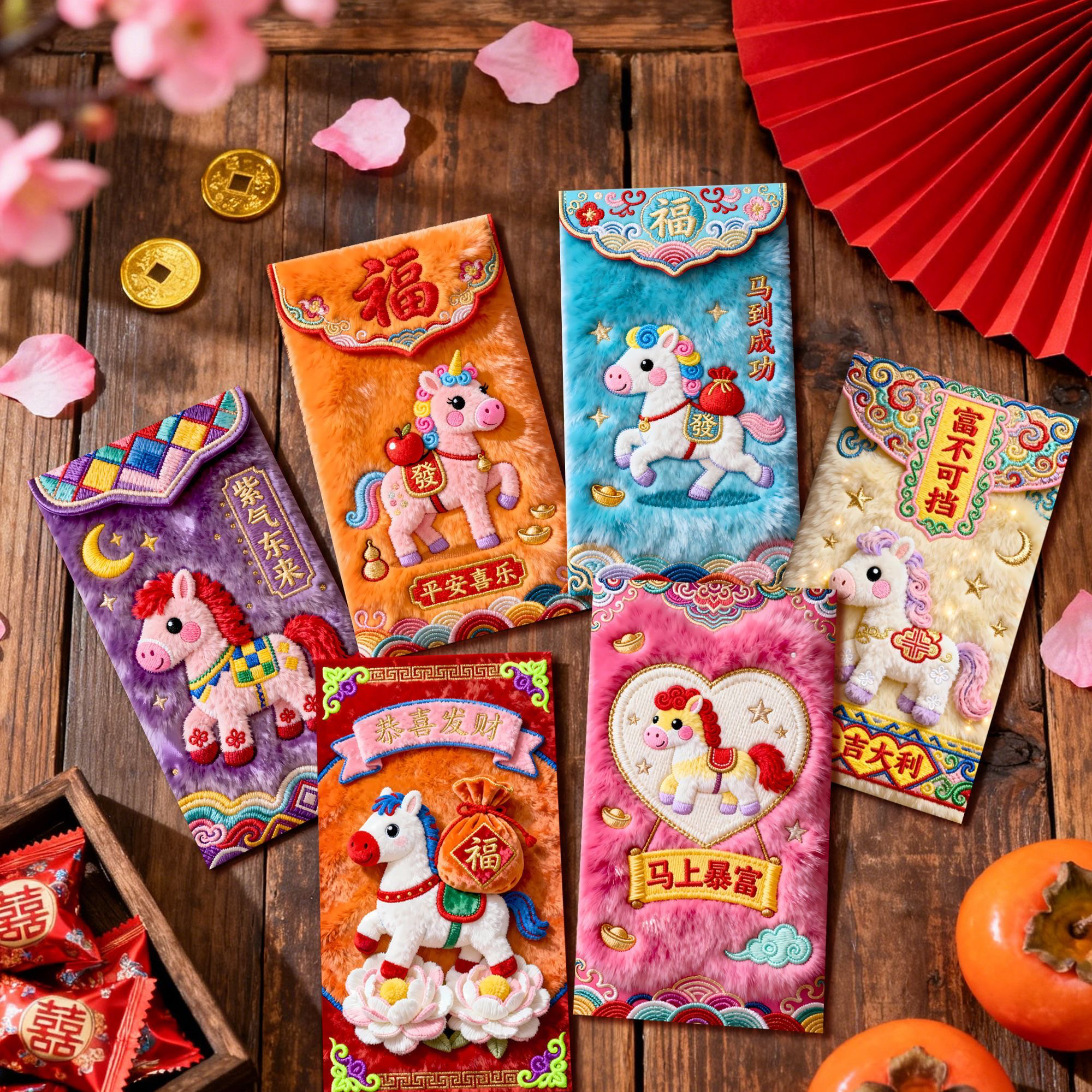 马年5D平面毛绒刺绣可爱卡通Q版创意春节元宵节利是封