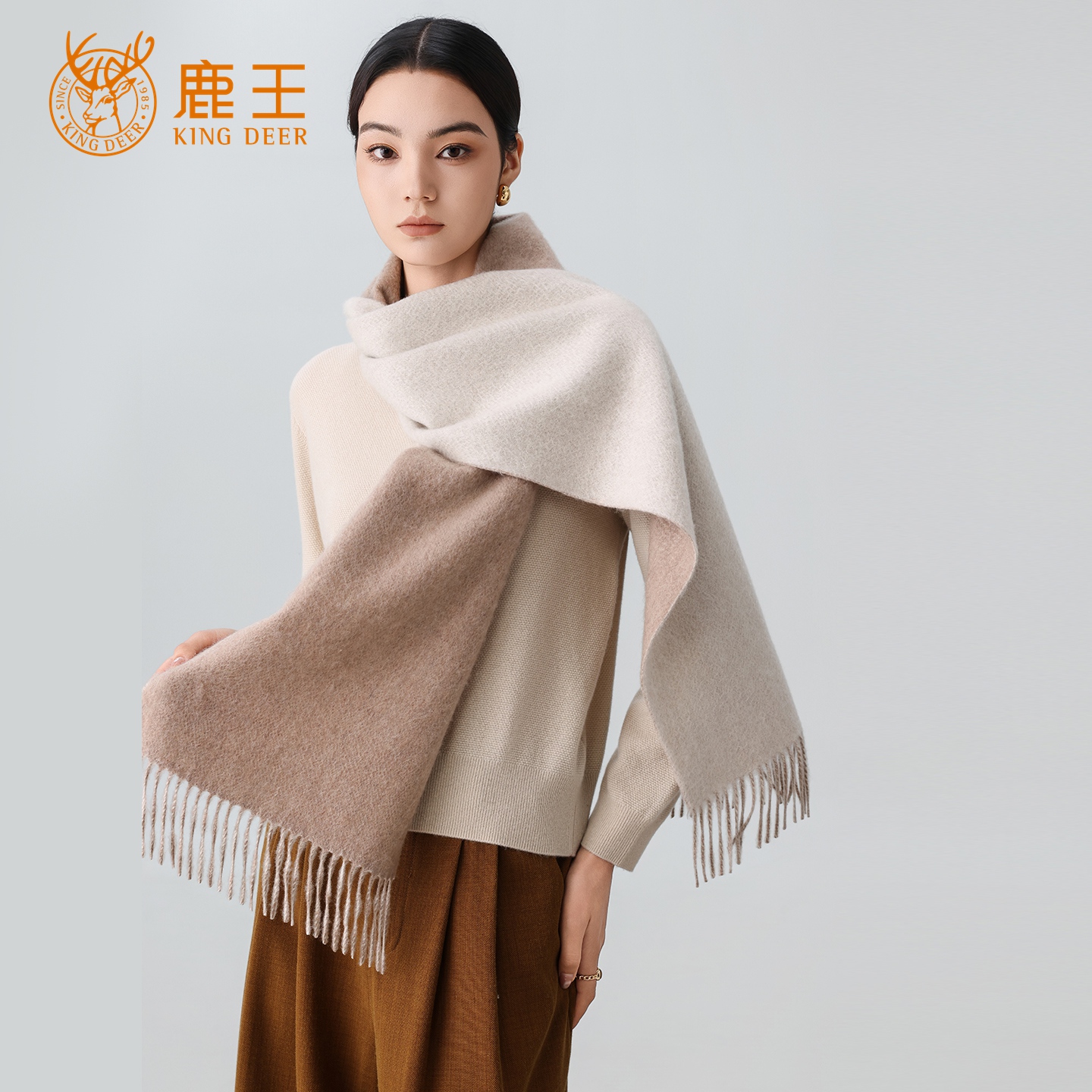 鹿王25秋冬新款100山羊绒水波纹双面异色围巾保暖围脖 912558801