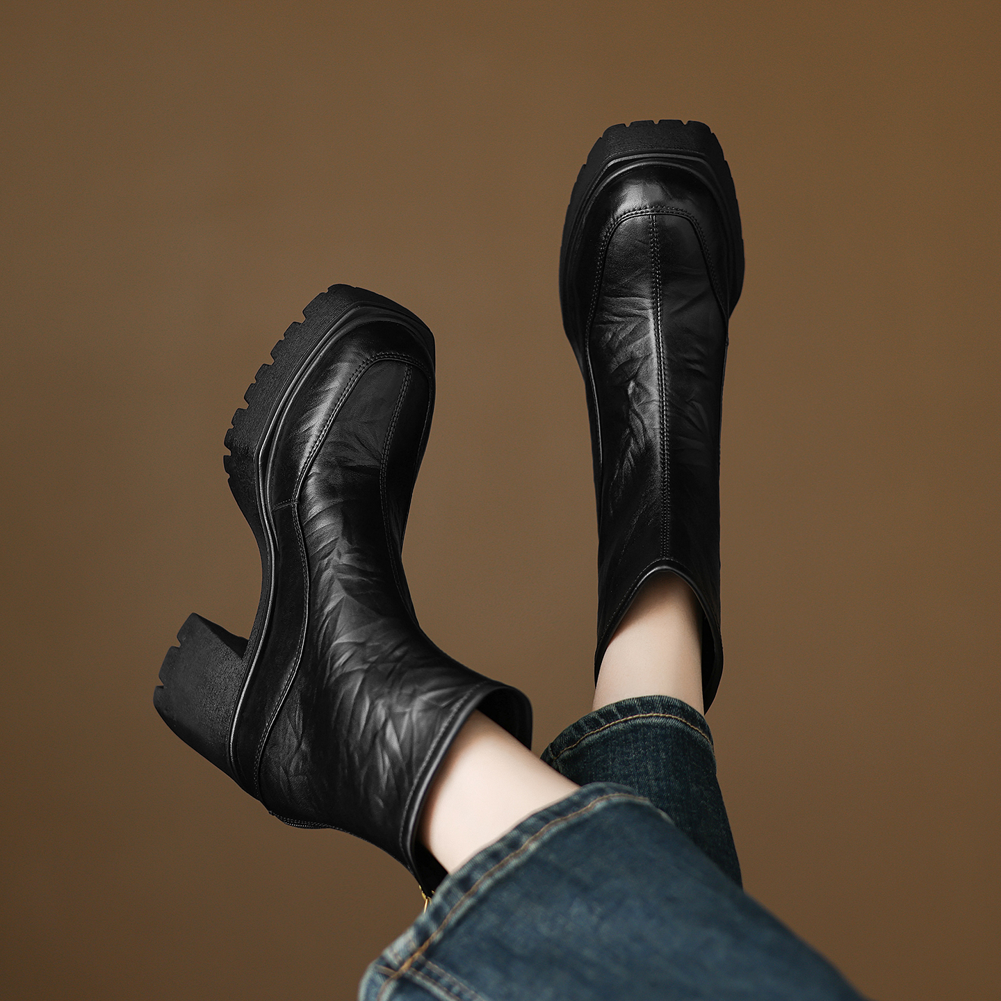  【星小晨】8厘米/牛皮/厚底增高百搭短靴秋冬季女靴时尚休闲1553