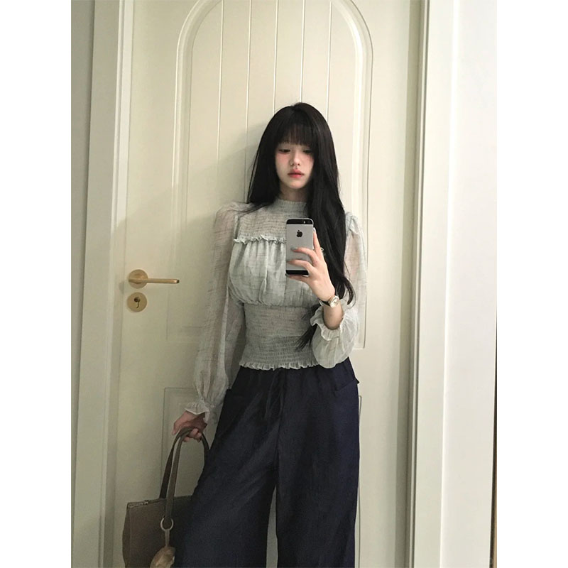 2025新款女士早秋季小众网红法式复古长袖衬衫设计感收腰显瘦上衣