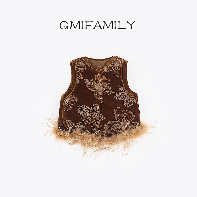 0769967女童国风马甲拜年服洋气刺绣鸵鸟毛背心冬季新中式过年服