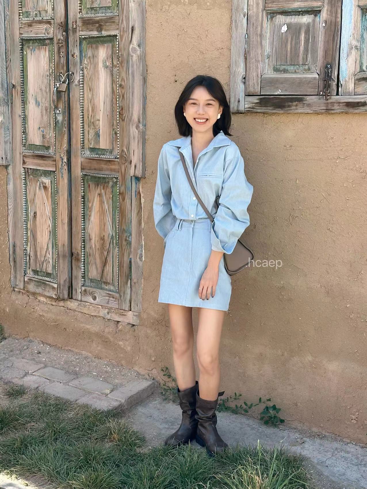 【P.Peach】小众高级设计感衬衫高腰短裙套装 9730