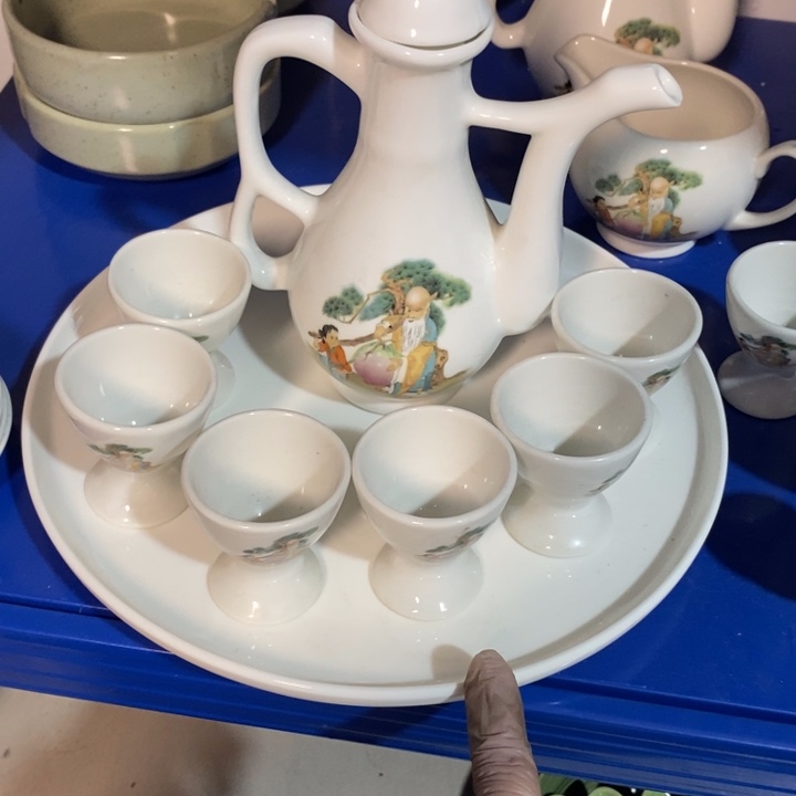瓷片一厂寿星酒具一壶六杯一茶盘