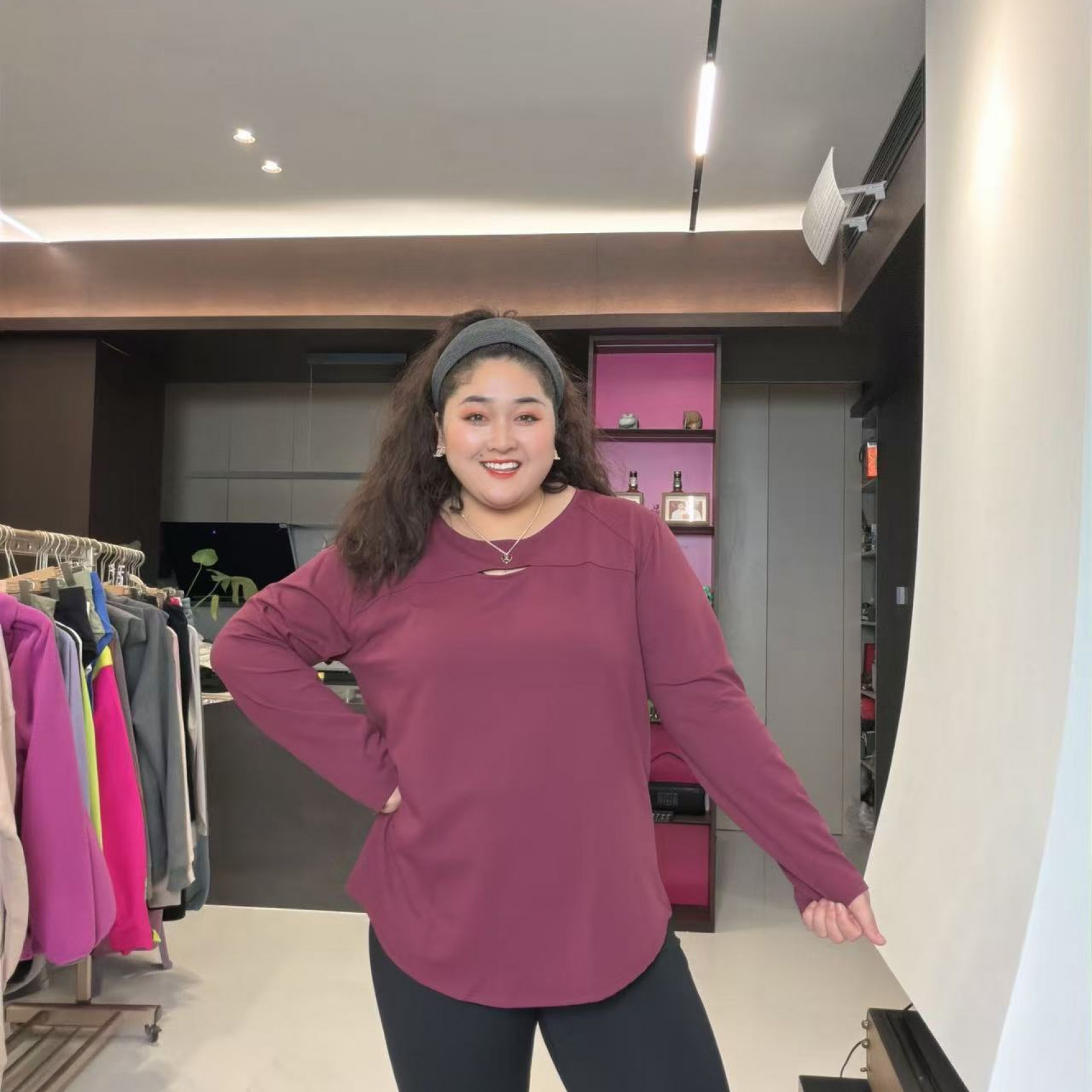 励志女孩秋季{云感}速干前开口圆领加长加大运动速干长袖SY-104