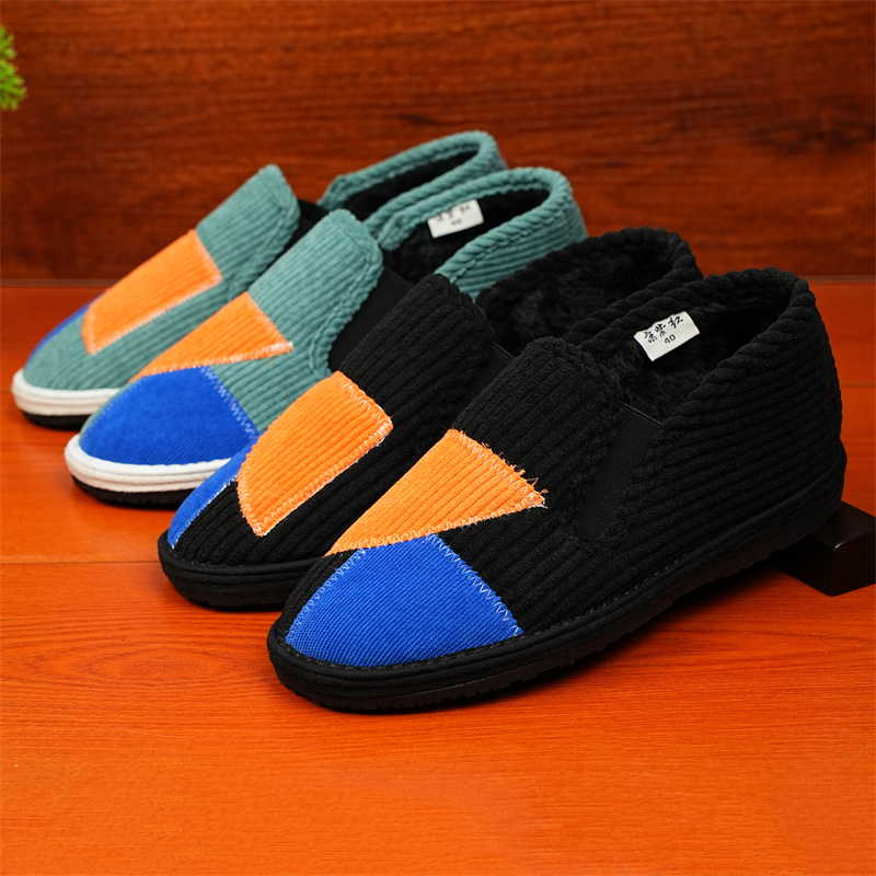 京紫红拼接中高帮加绒加厚千层底男女布鞋居家一脚蹬防滑冬软底