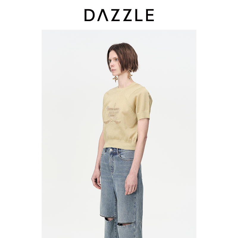 DAZZLE地素奥莱金色毛衫金线重工刺绣圆领针织上衣女2H3E352