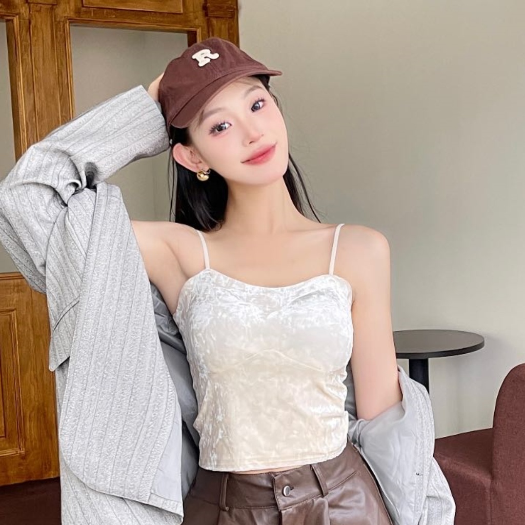 女士秋冬季法式千金感一字领金丝绒辣妹性感百搭打底短款吊带美背