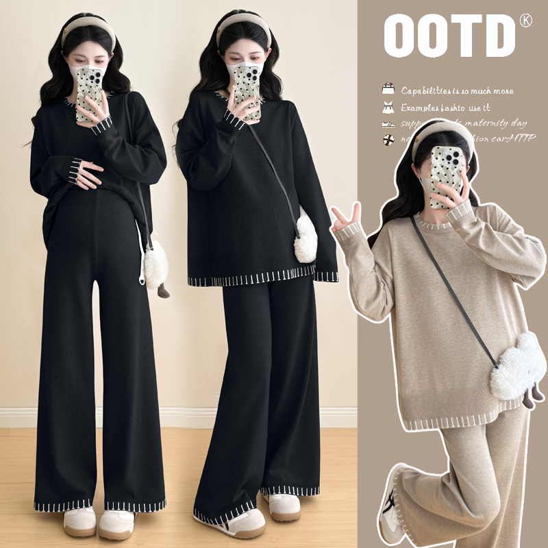 慵懒风孕妇装秋季套装新款时尚针织孕妇长袖上衣宽松外穿阔腿裤子