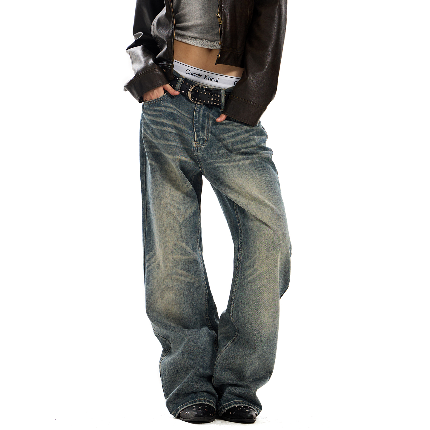 0123start 复古做旧猫须牛仔裤男女宽松美式潮牌高街直筒休闲长裤