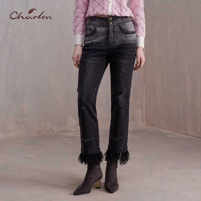 CHARFEN朝峰高腰显瘦渐变做旧黑色牛仔裤CFE3C113-1037P