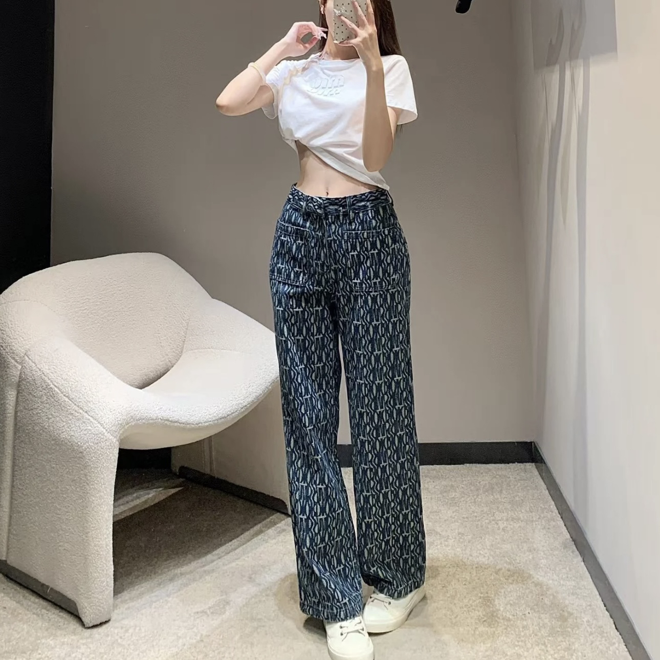 99新 DIOR/迪奥 vem09/满印图案背后标语直筒牛仔裤 36码 棉 