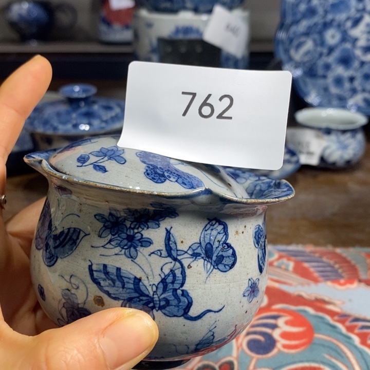 青花瓷景德镇手绘粗陶手工蝴蝶盖碗