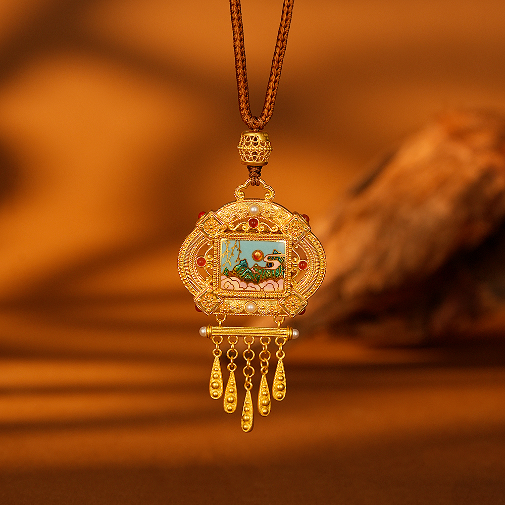 鳯悦匠 旭日高升 | 古法足金烧蓝拍平吊坠国潮黄金G03778