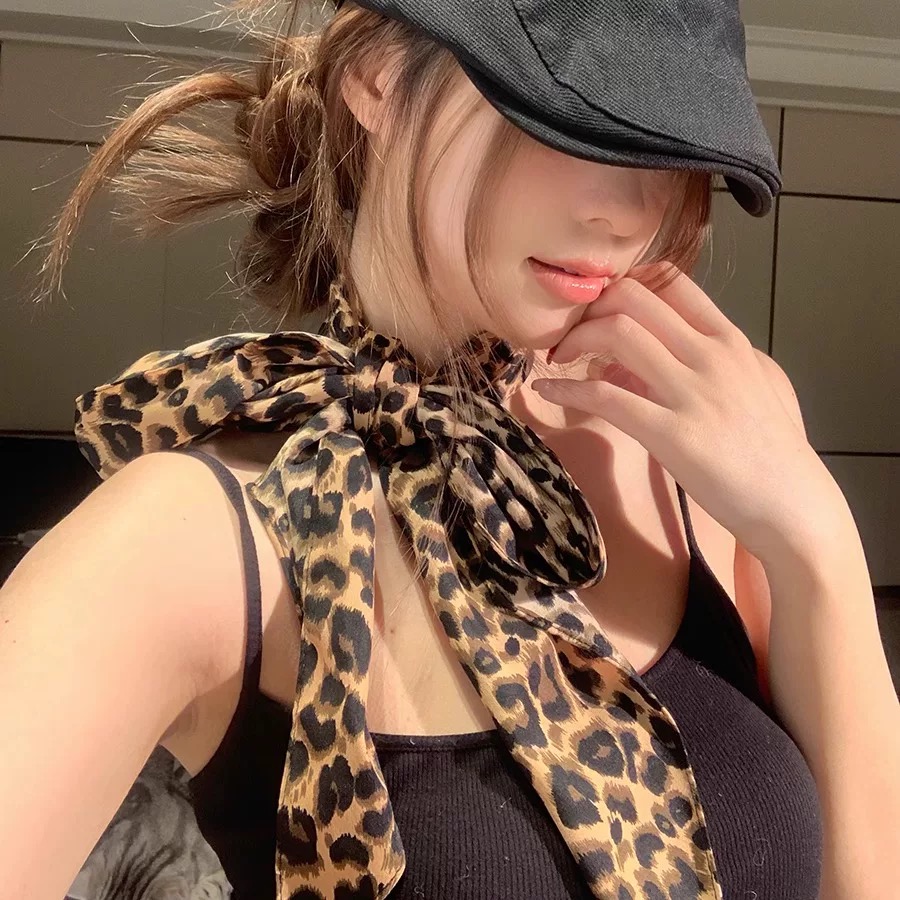 法式复古豹纹100%桑蚕丝复古波点真丝乔其纱菱形丝巾护颈遮阳百搭