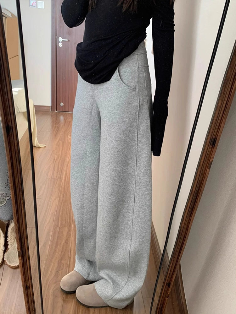 灰色镰刀香蕉裤女秋季大码胖mm梨型身材遮胯显瘦运动弯刀阔腿卫裤