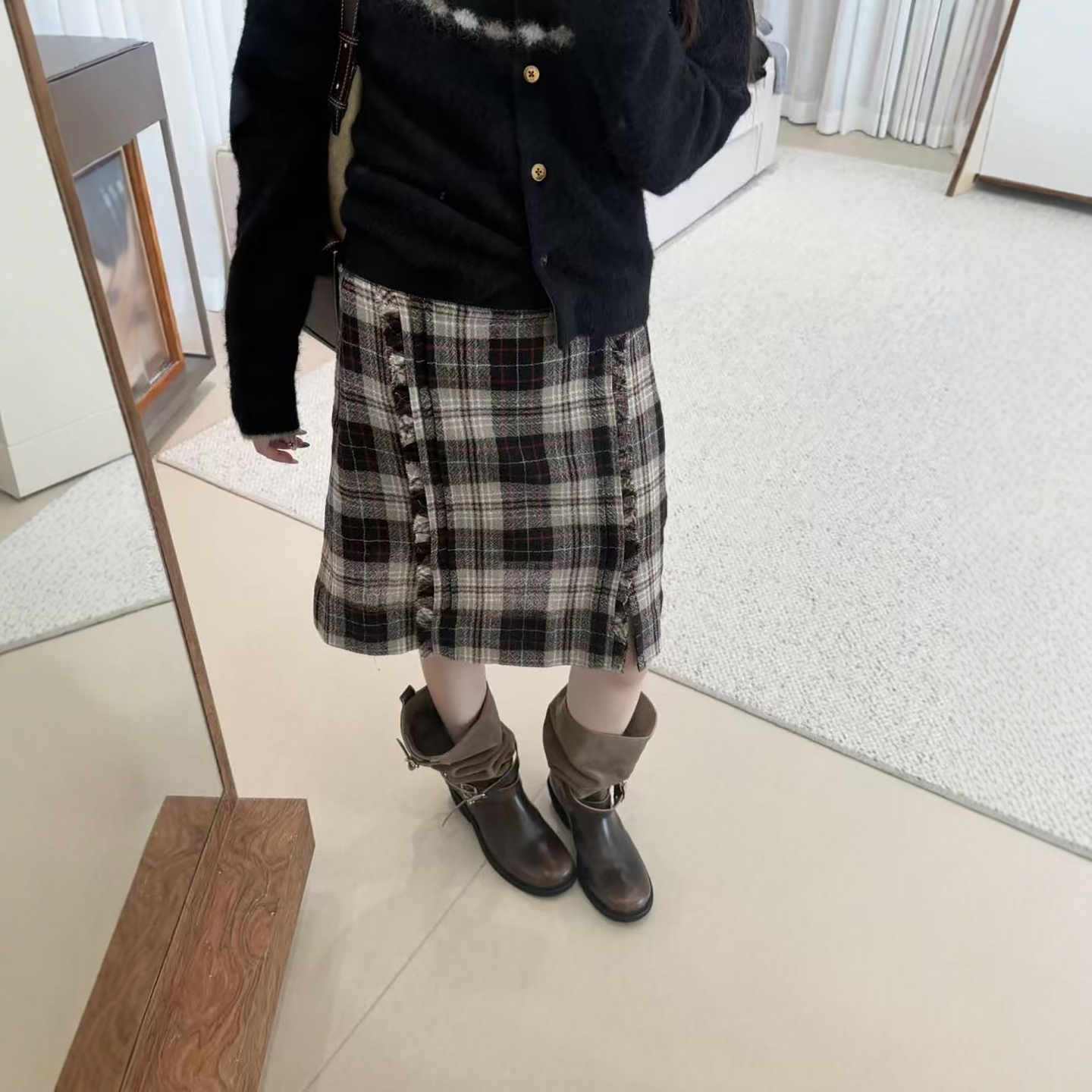 现货【羊毛格子半身裙】秋冬格纹设计感高腰显瘦开叉短裙女