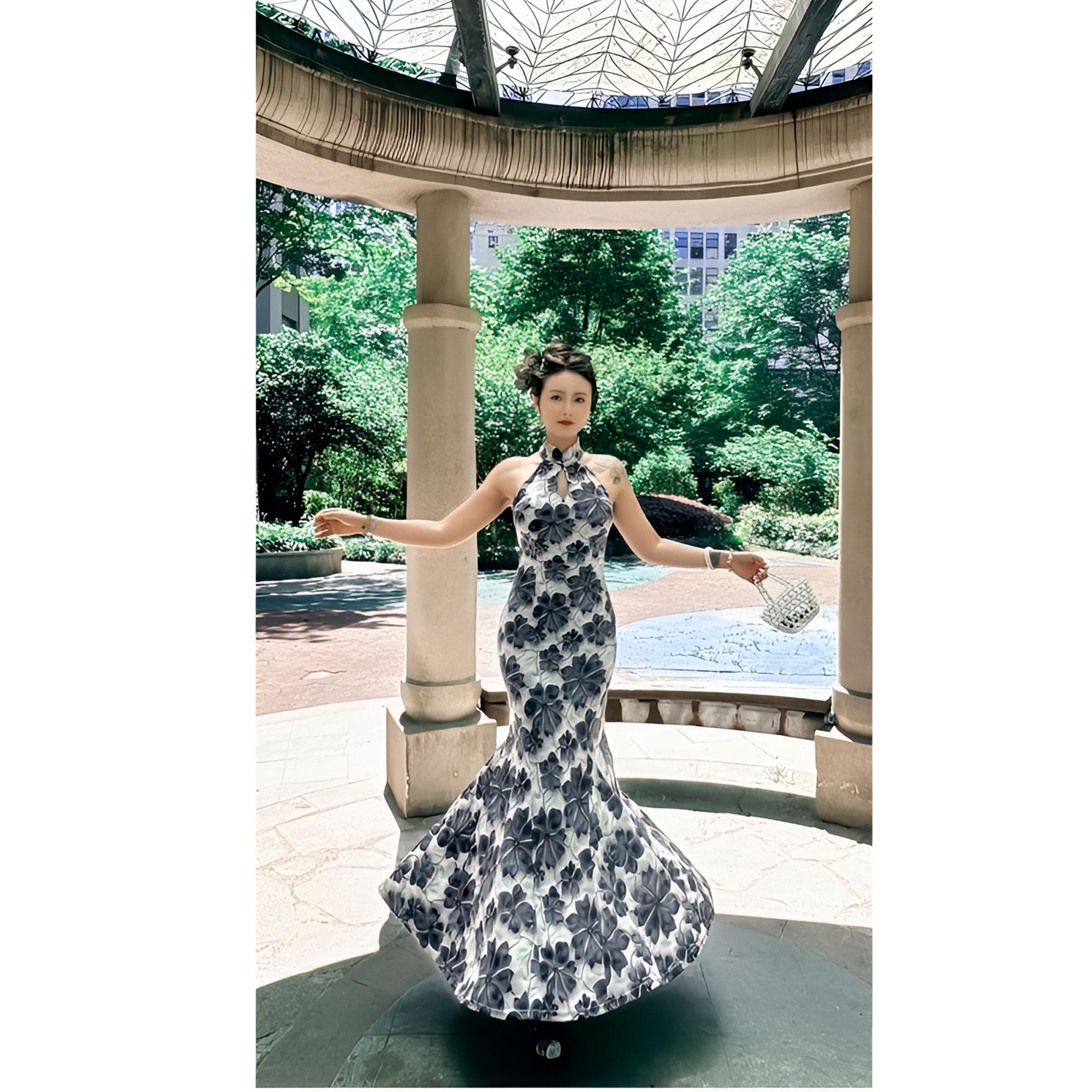 四月芳菲【朝霞落落】 原创自制木兰棉夏季新款超大摆长款鱼尾旗袍