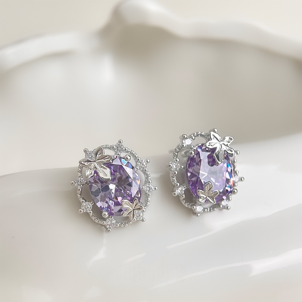 铜合金锆石耳饰 紫锆石百搭几何森系超仙甜美轻奢风女耳钉