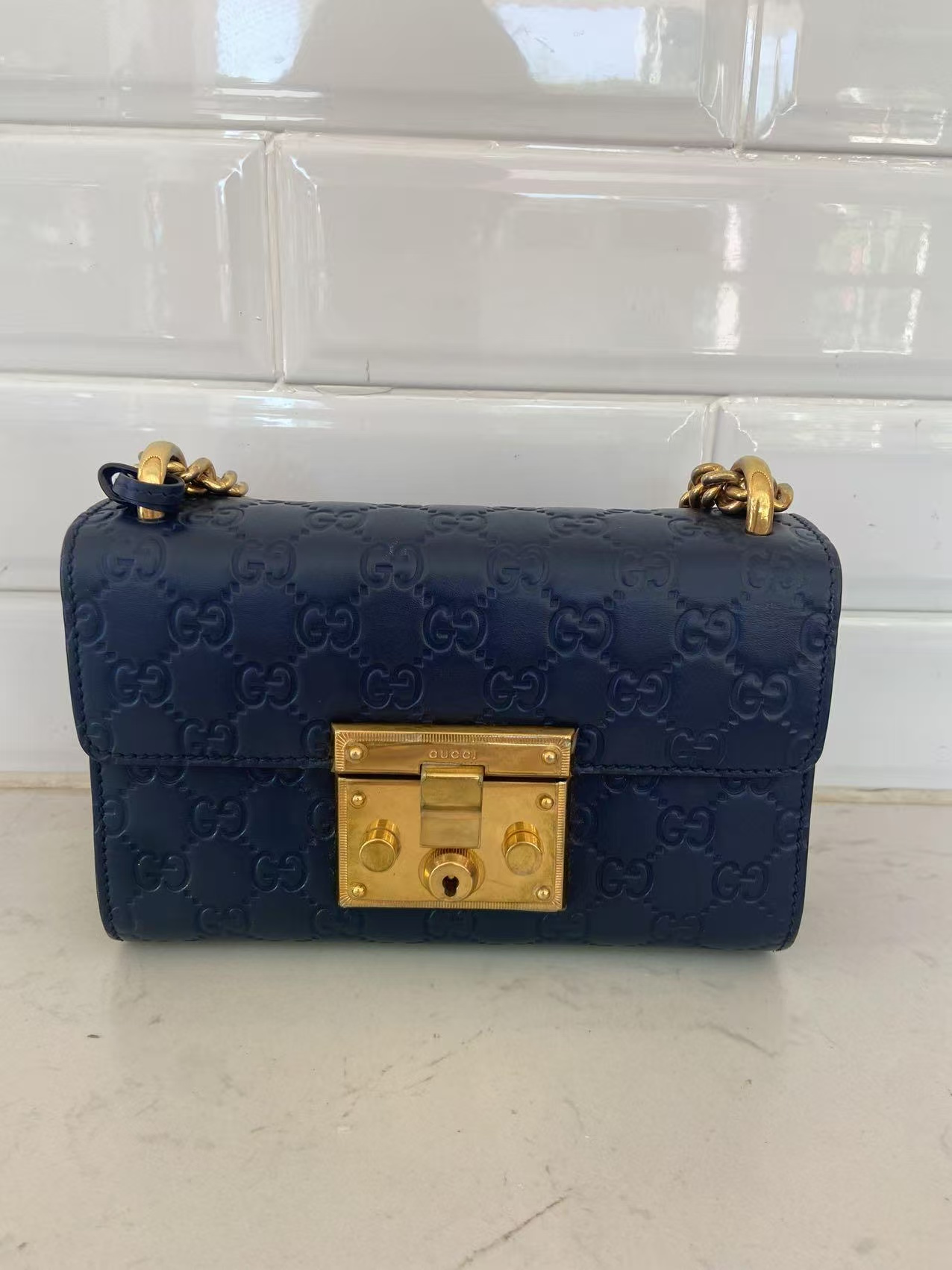 95新 GUCCI/古驰 GUCCI/古驰 蓝色padlock斜挎包bwz