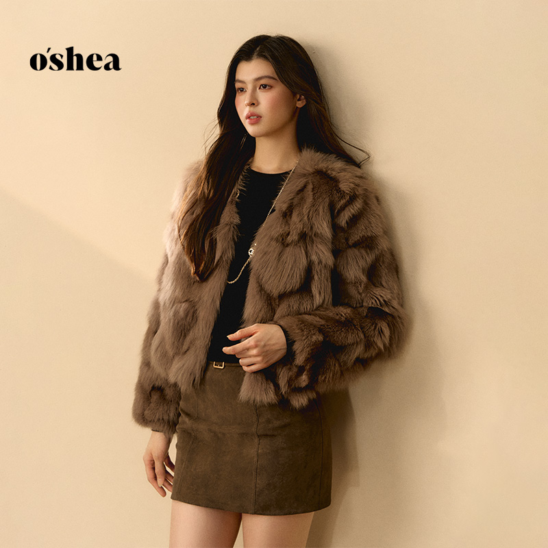 oshea【官方专享】咖啡色软糯狐狸毛皮草女2025保暖短款小个子外套