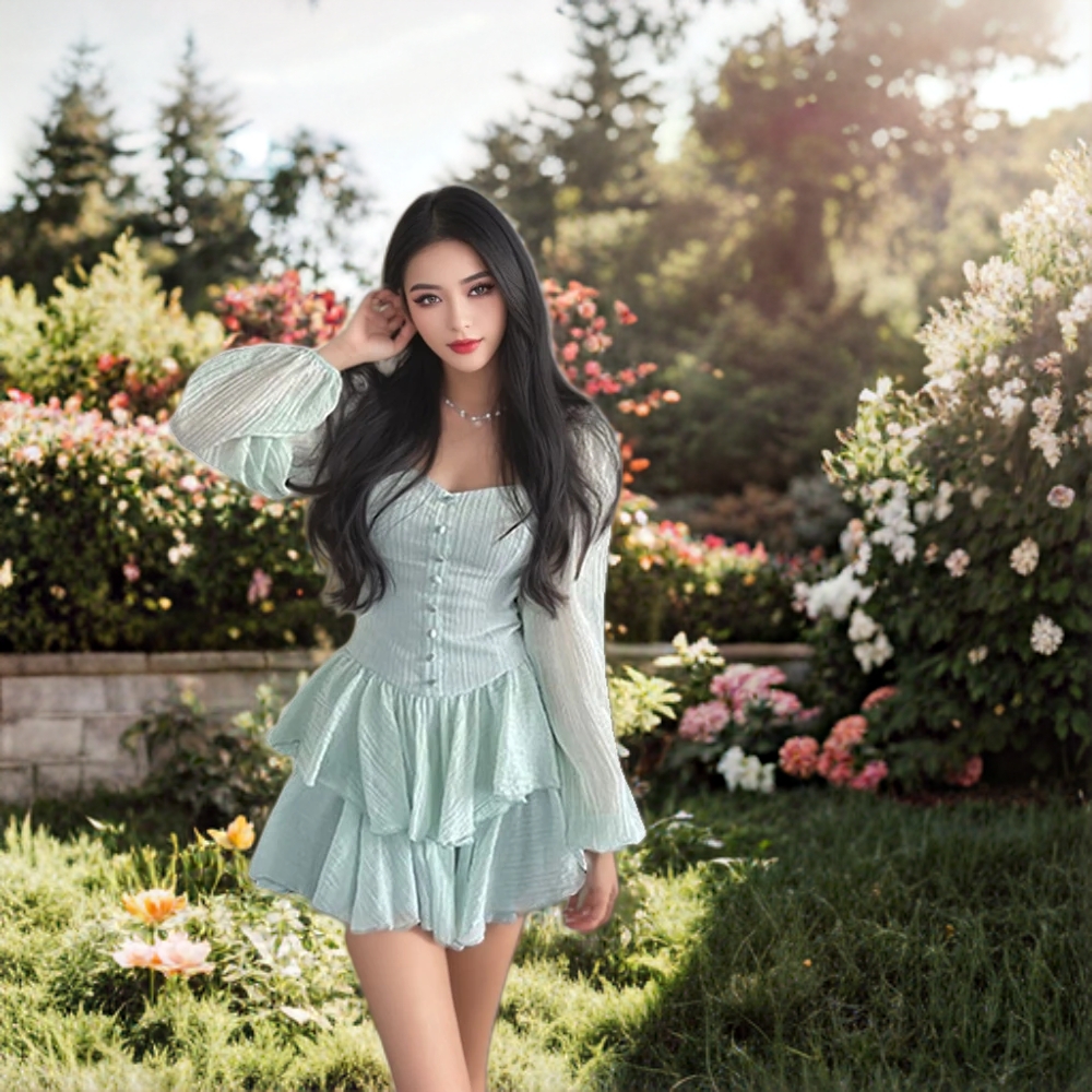 泡泡袖A字裙长袖修身纯色设计感连衣裙显瘦裙子气质方领小众夏季