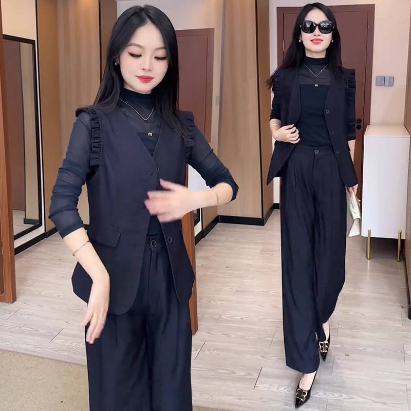 高级感气质木耳边马甲打底衫阔腿裤三件套女春秋新款时尚职业套装