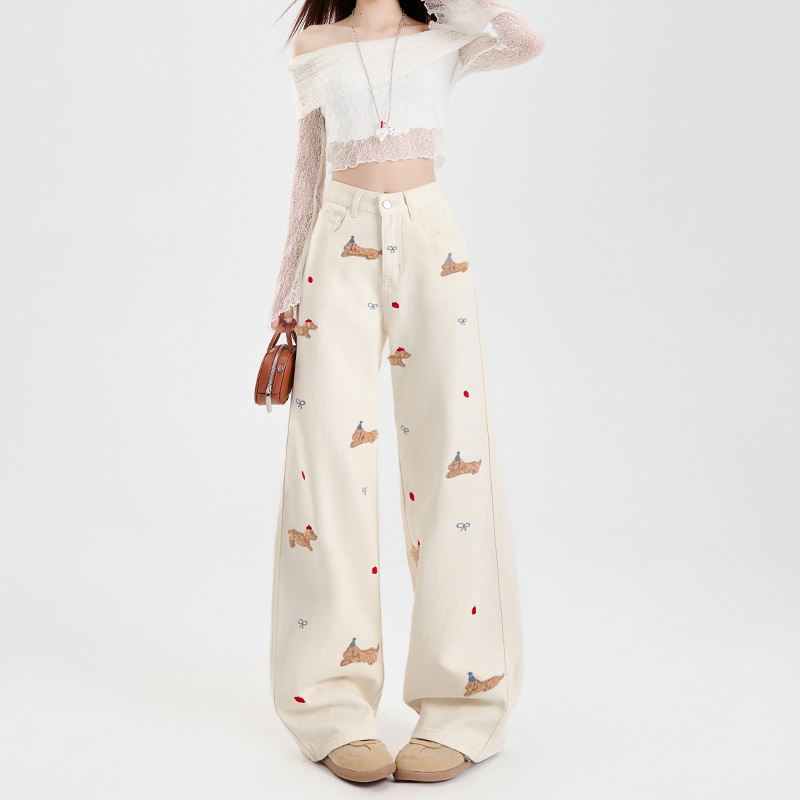 爆款白色腊肠狗高腰阔腿牛仔裤女2025新款刺绣显瘦宽松直筒拖地裤