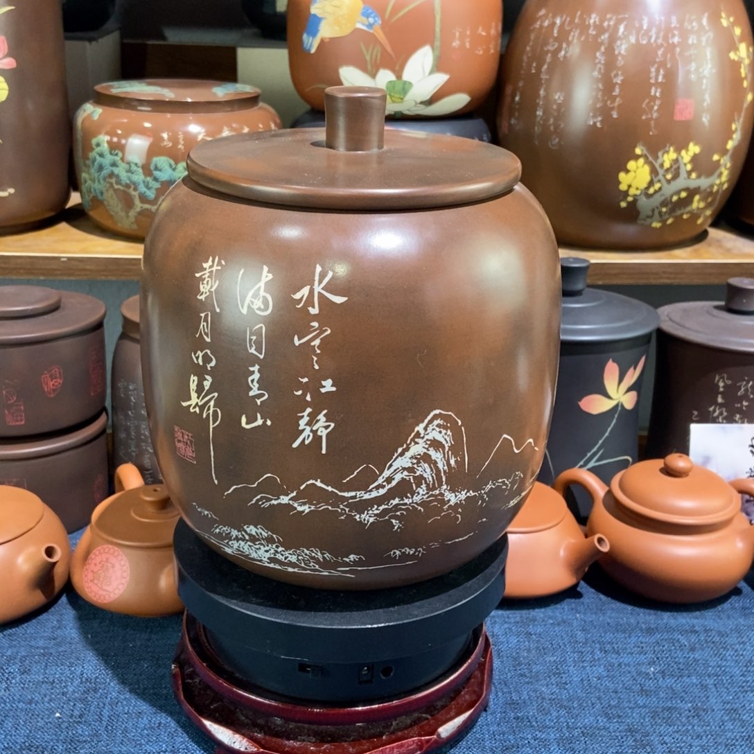 3建水紫陶手工精磨彩填醒茶罐