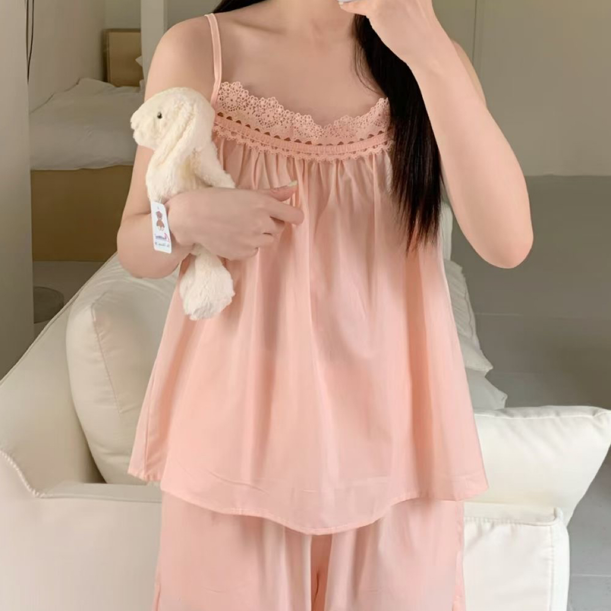纯色棉柔蕾丝花边吊带长裤睡衣家居服套装