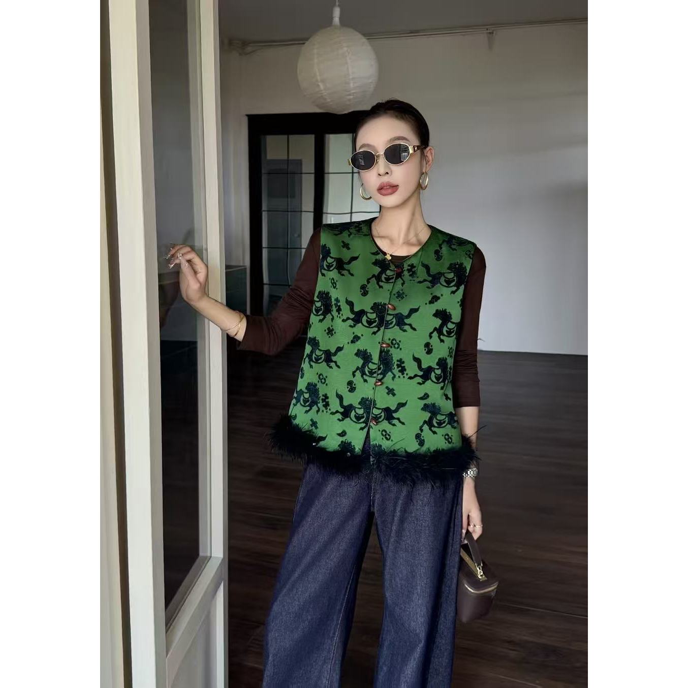 新中式提花拼驼鸟毛马甲外套ZBW34020衣长53