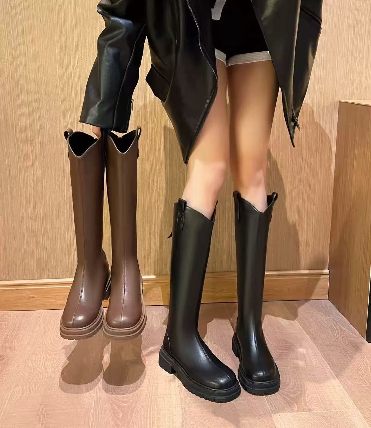 W90-10B新款厚底粗跟长靴女英伦风马丁靴百搭显瘦弹力瘦瘦靴 单里