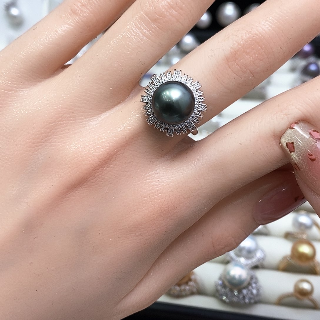 银S925镶嵌戒圈海水珍珠大溪地10-11mm极光