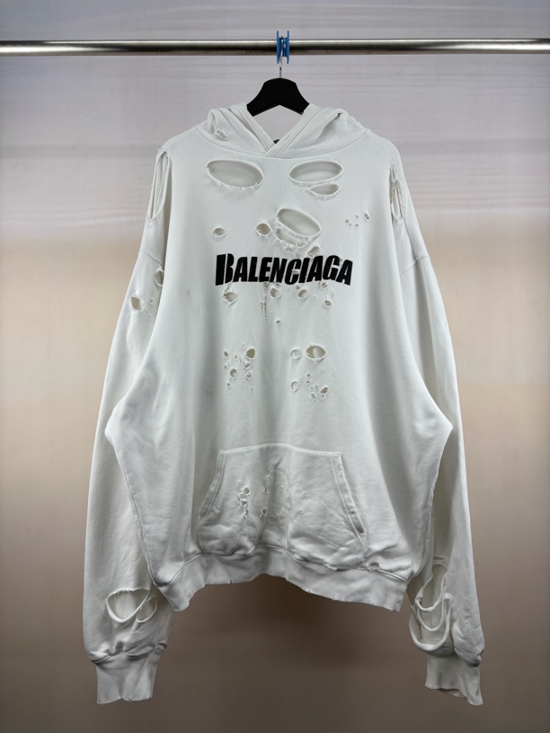 99新 Balenciaga/巴黎世家 大破洞logo印花帽衫/S码