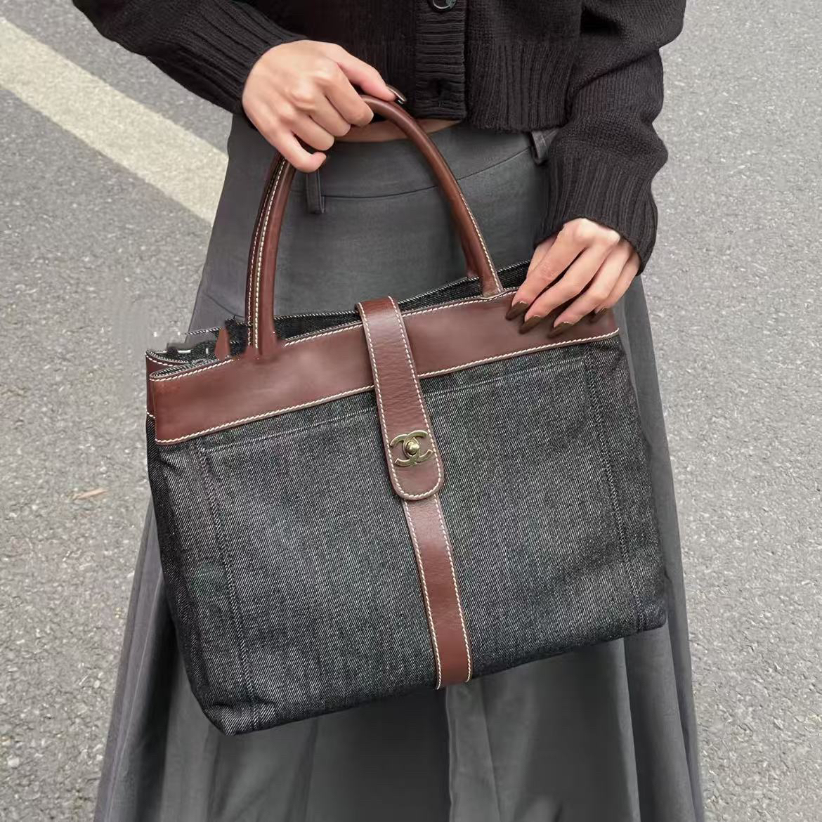 95新 Chanel/香奈儿 御古屋/90683/牛仔托特包 6开 有标无卡 