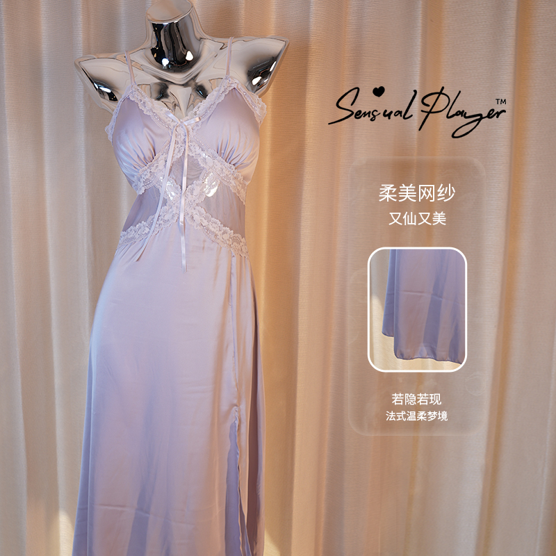 【Sensual Player五感玩家】性感深V纯欲加胸垫透视蕾丝吊带睡裙外