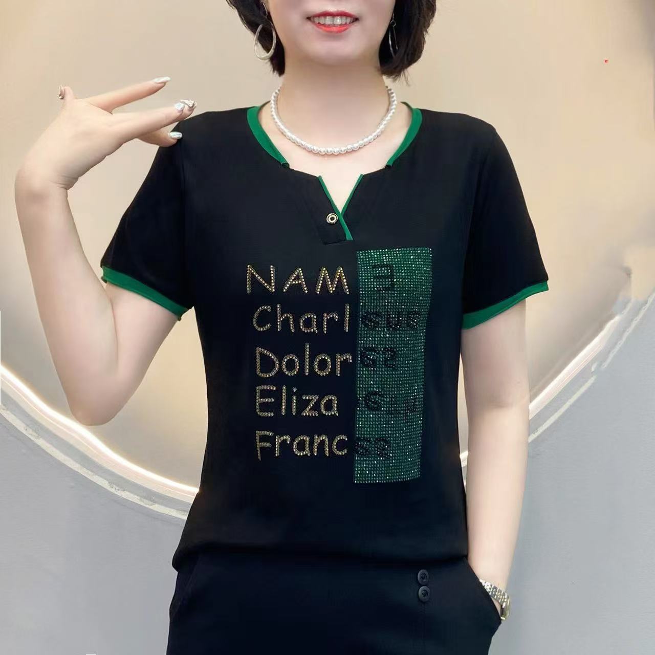 夏季新款短袖t恤V领宽松小衫女显瘦洋气时尚百搭休闲打底上衣8901