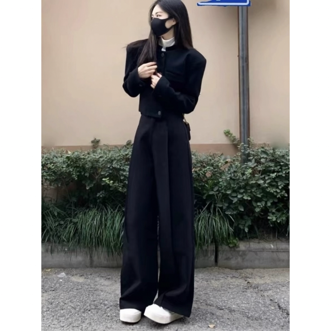 黑暗千金高级感黑色长袖修身显瘦高腰休闲秋装套装