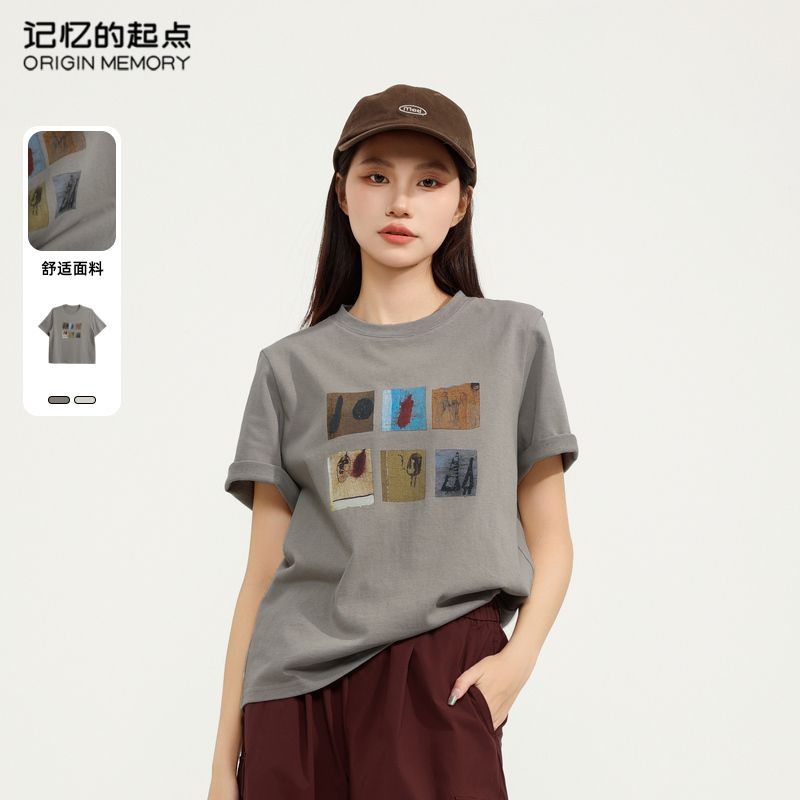 记忆的起点印花短袖T恤女2025年春新款日常款简约上衣69GC35243