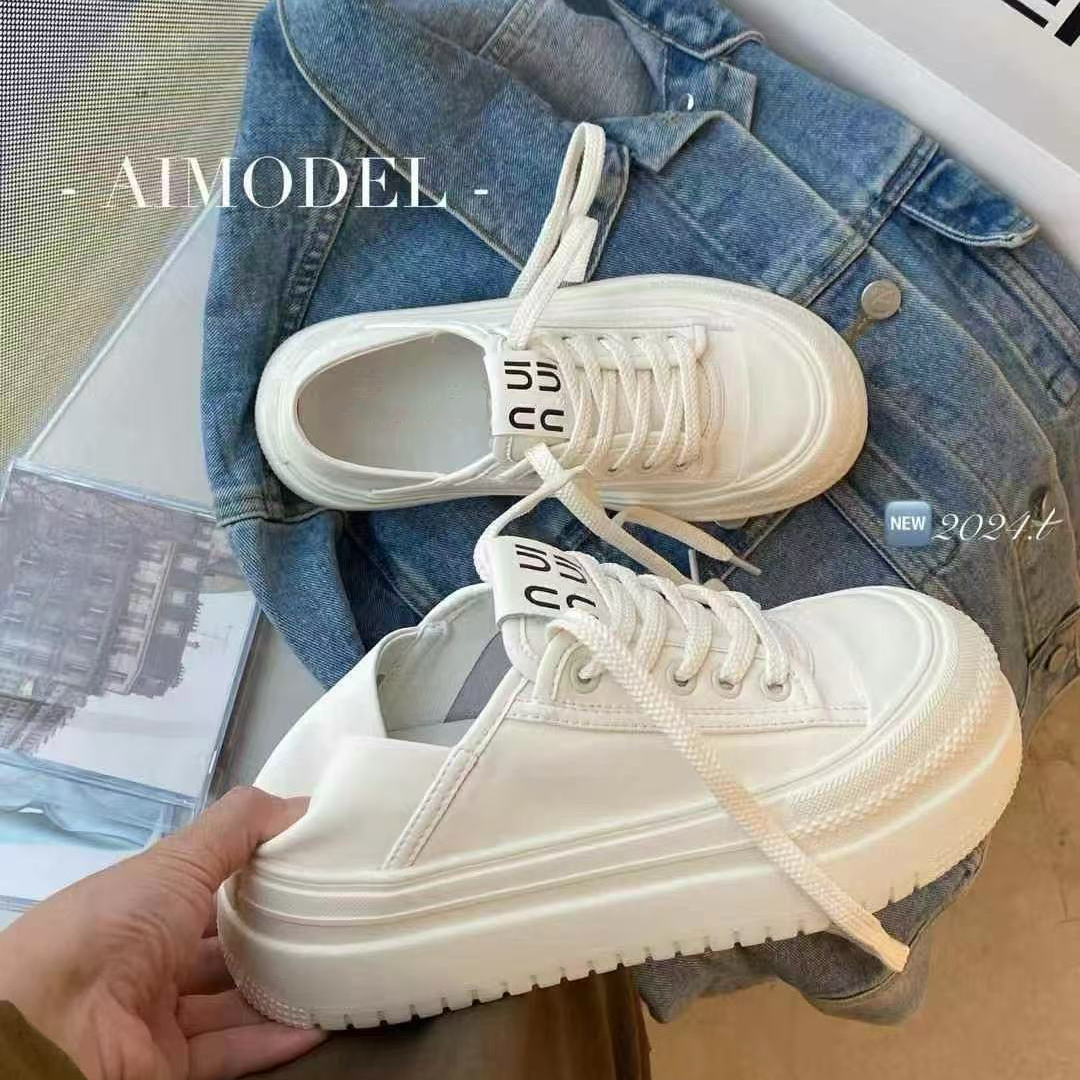 【郁儿严选】580-1轻便厚底中跟百搭休闲小白鞋后跟可踩两用拖鞋女