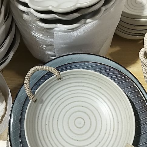 瓷片正品粗陶圈圈提绳深盘一个