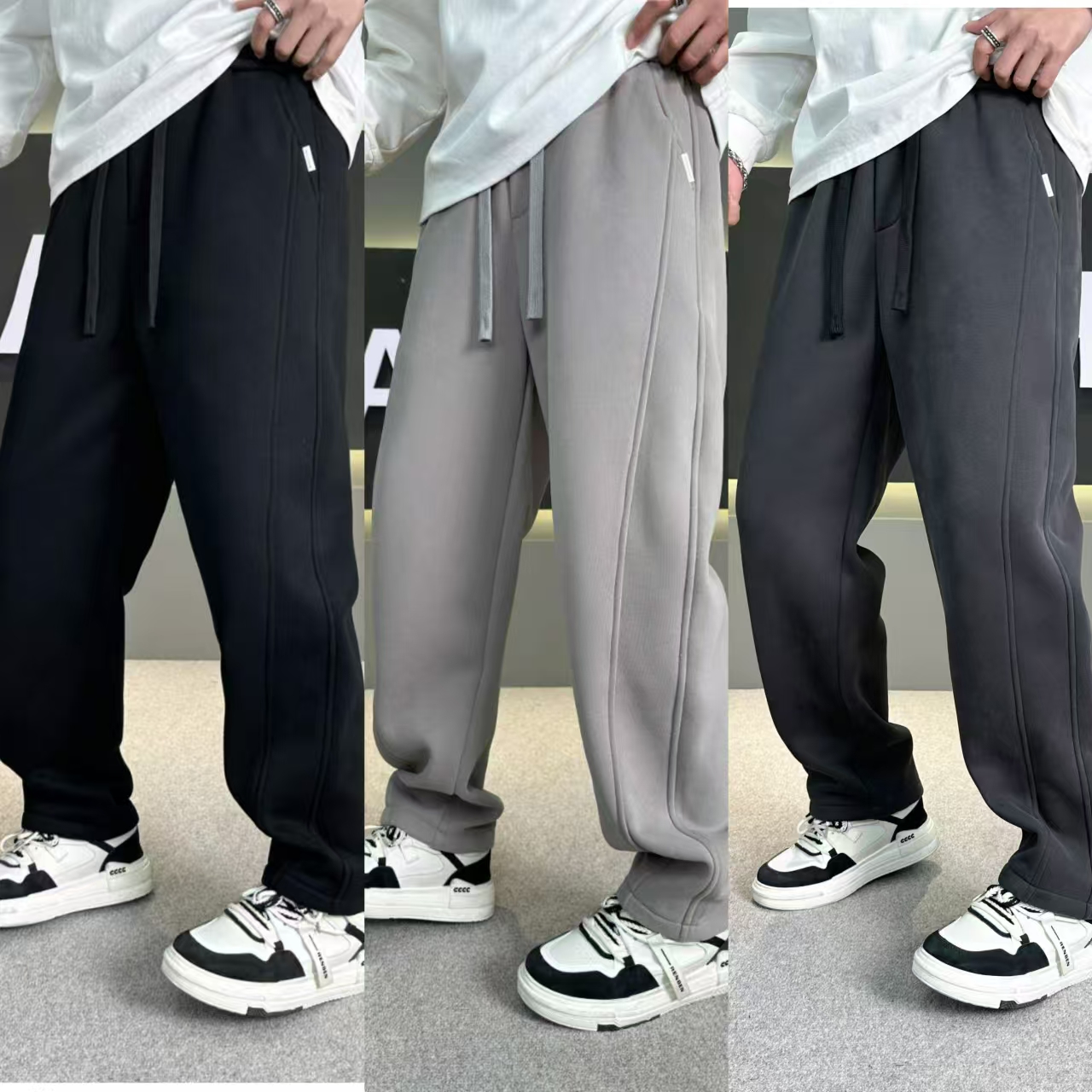 新款男士纯色运动弯刀直筒裤宽松百搭潮流阔腿休闲裤时尚裤子2519